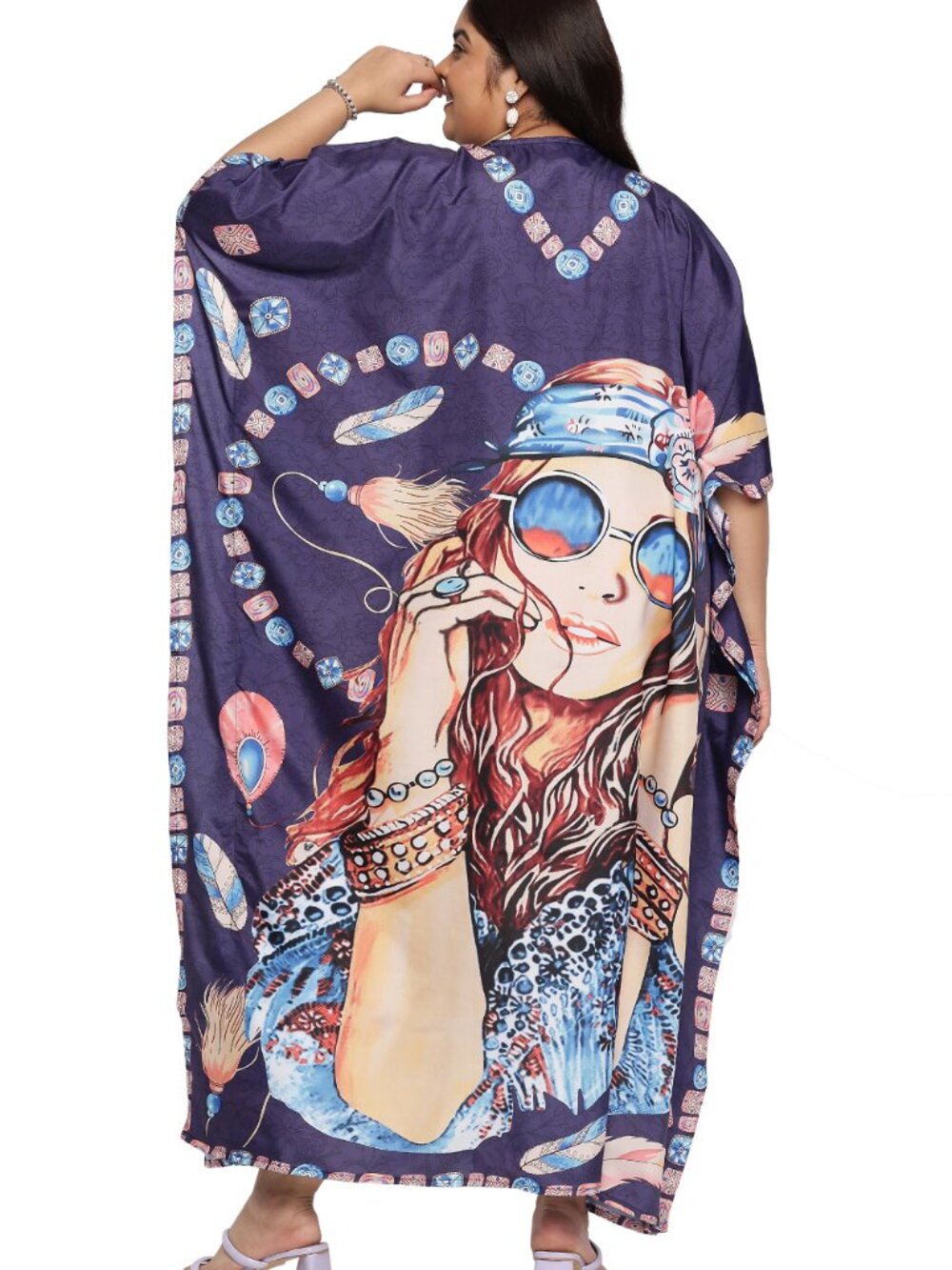 Plus Size Purple Lady Print Kaftan Dress Boho Resort Beach Cover Up - Picture 5 of 7